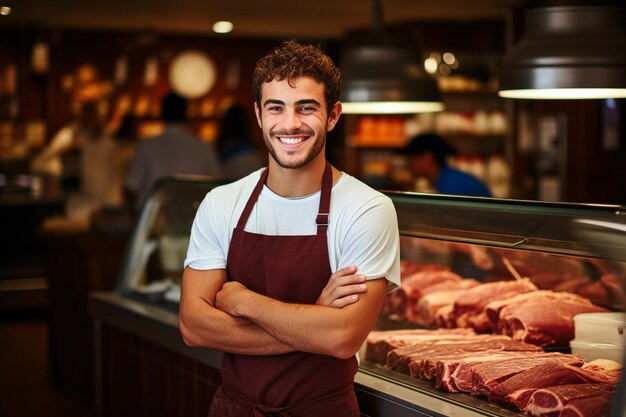 Photo young smiling womanman butcher standing at the meat counter ai generativ