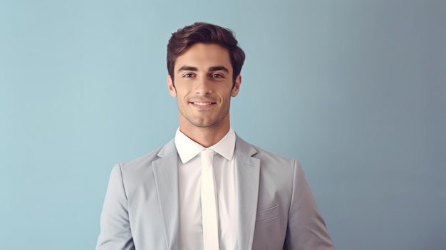 Young smilling business man posing on soft color background Generative AI