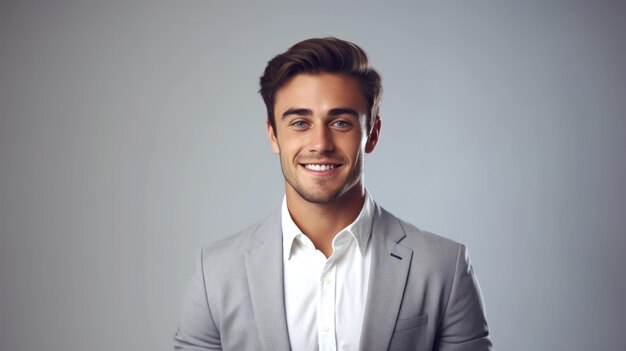 Young smilling business man posing on soft color background Generative AI