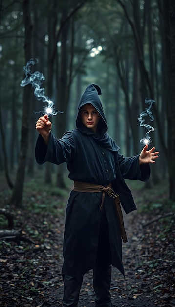 Photo young sorcerer demonstrating magic in the forest isolated with white highlights