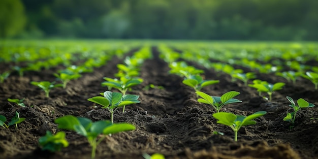 Young soybean plants sprouting in neat rows on a large agricultural field fresh and promising perfect for illustrating concepts of farming and sustainable agriculture