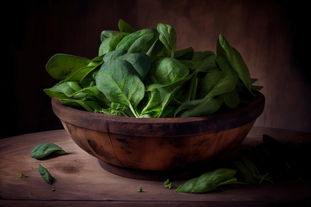 Young spinach in wooden bowl