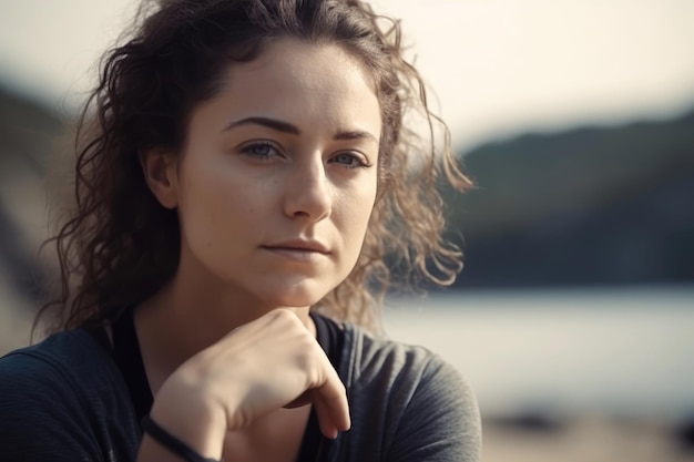 Young sports lady at the beach make meditation generative ai