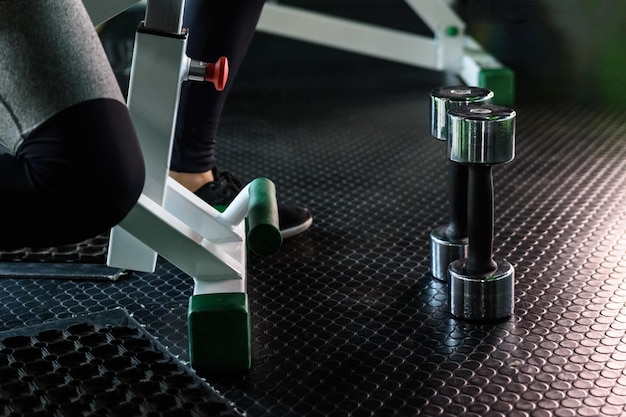 Young sports woman doing exercises with dumbbells sitting on bench in the gym. Fitness.