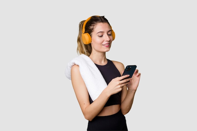 Young sportswoman listening to music motivated and focused holding phone