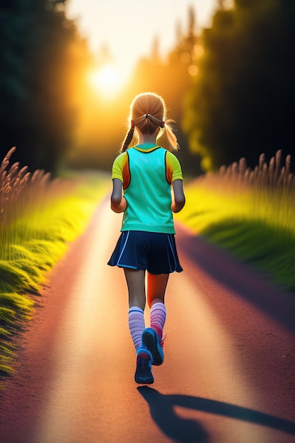 Young sporty girl preparing to run along on a rural road at sunrise in summer field