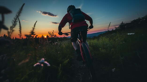 Photo young sporty man riding a bicycle at sunset silhouette of a bicyclist