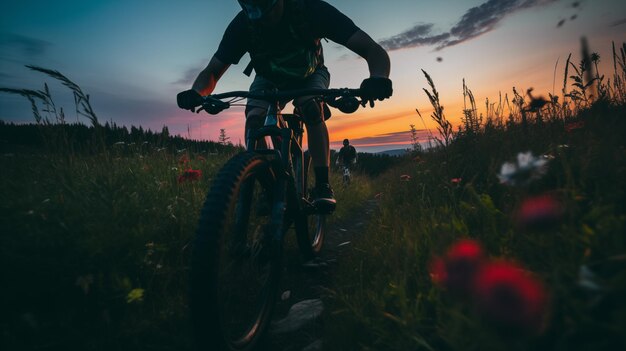 Photo young sporty man riding a bicycle at sunset silhouette of a bicyclist