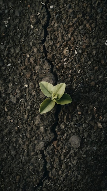 Young sprout of flower growing between cracks on asphalt floor