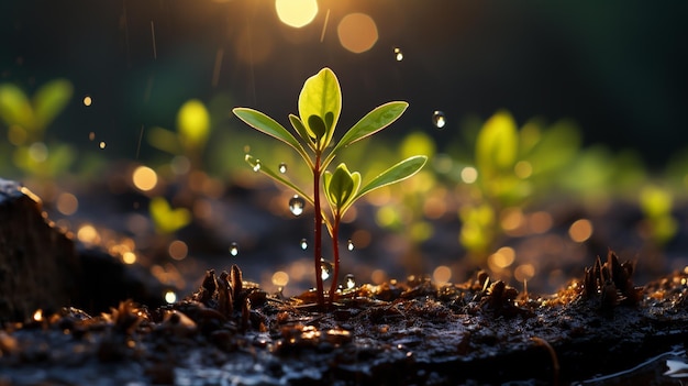 young sprouts of green plants in the ground spring concept