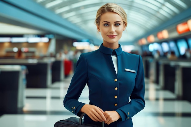 Photo young stewardess with suitcase ready to embark on the next aviation travel