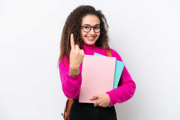 Young student Arab woman isolated on white background doing coming gesture