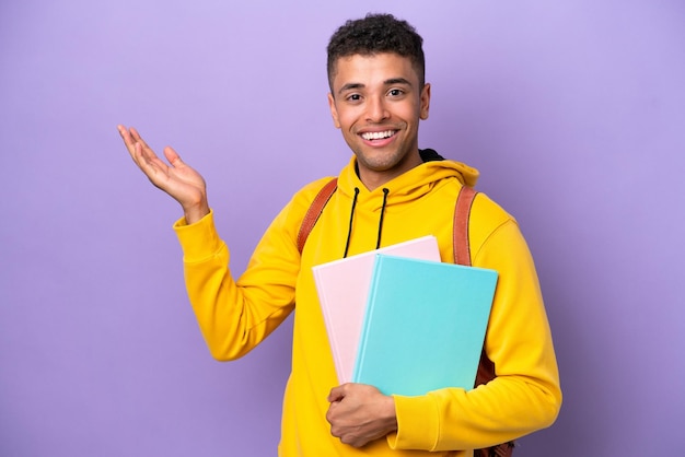 Young student Brazilian man isolated on purple background extending hands to the side for inviting to come