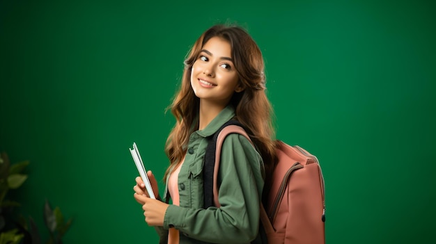 Young Student Girl with Pink Bag Smiling Holding Open Book and Pen Green Background