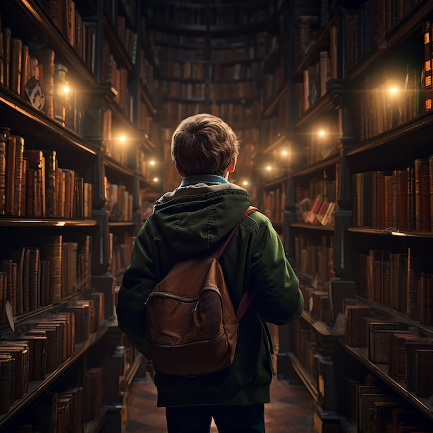 Young student looking for a book in the library