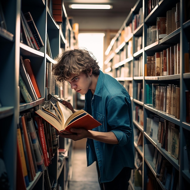 Young student looking for a book in the library