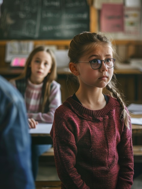 A young student sits facing a teacher or professor in a traditional classroom setting