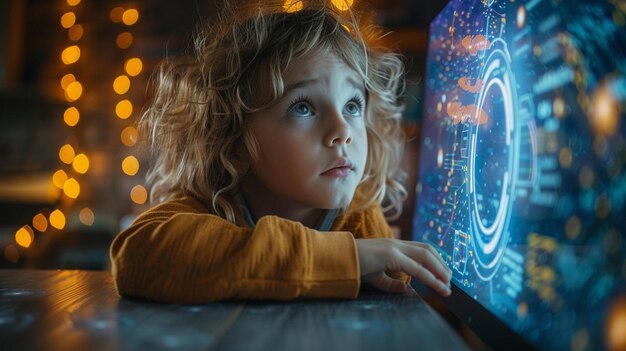 Photo young student sitting at a desk facing a large holographic ai tech screen