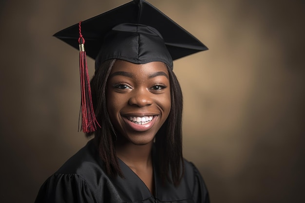 A young student smiling at you while wearing a graduation hat created with generative ai