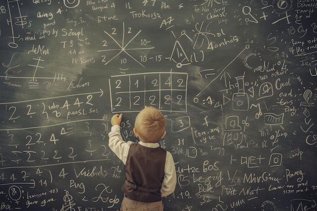 Young student solving math equations on chalkboard