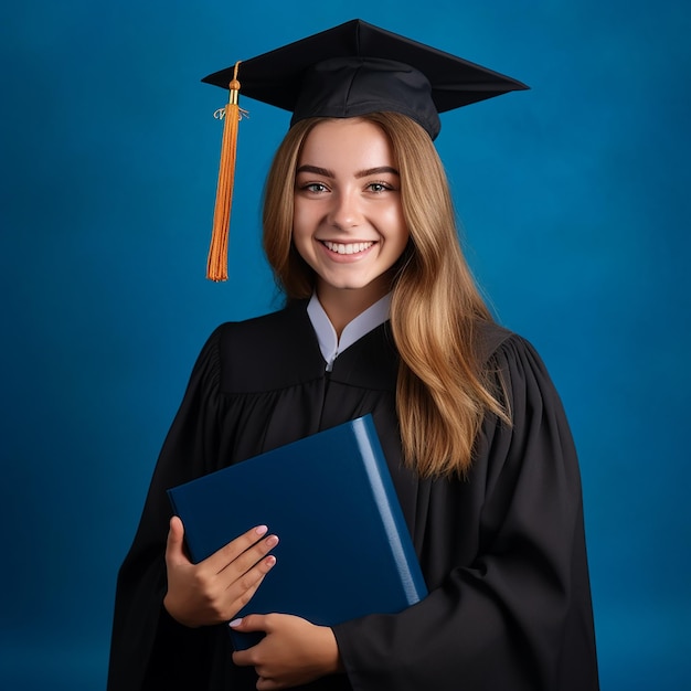 a young student wearing a graduation cap holds a diploma