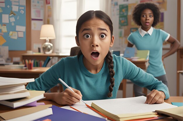 A young student with wide eyes and a surprised expression