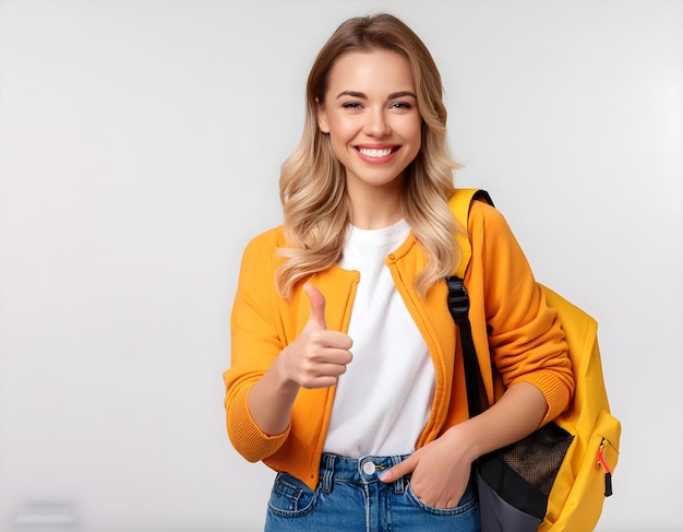 Young student woman wearing shirt and eyeglasses holding colorful folders and showing thumb up