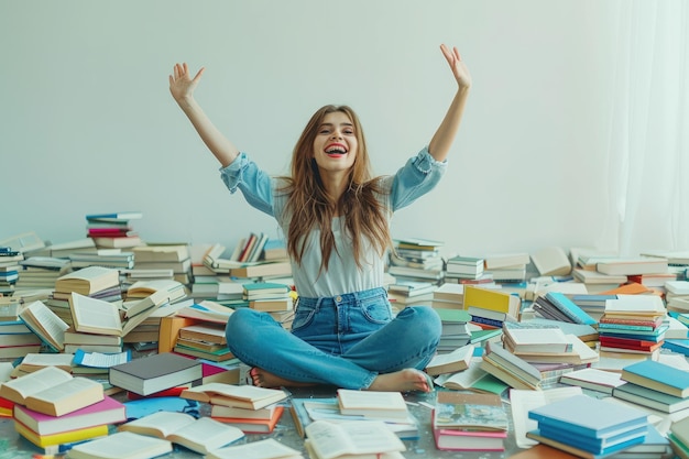 Photo young student woman with many books on the floor celebrating a victory