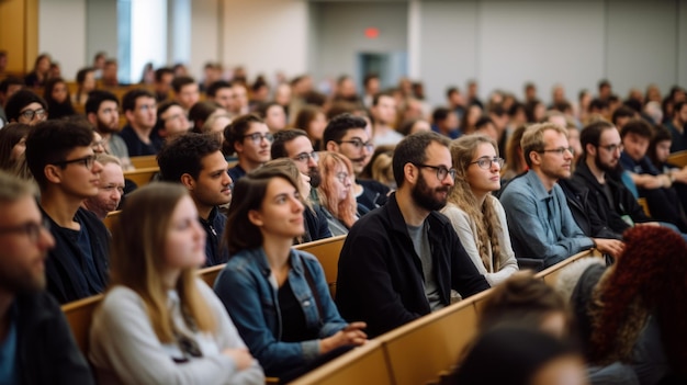 Young students are listening to a lecture by a teacher in a large hall