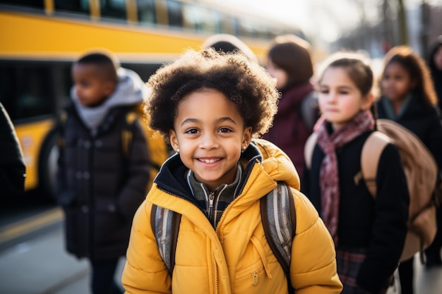 Young students coming into a school bus