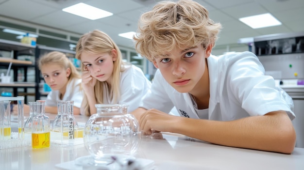 Photo young students conduct chemistry experiments in lab