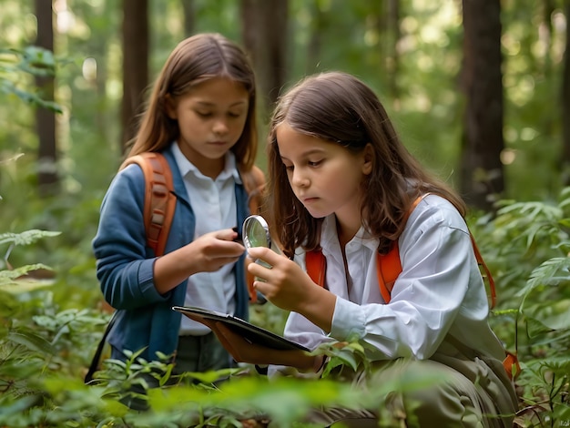 Photo young students learning about nature forest ecosystem during biology field teaching class