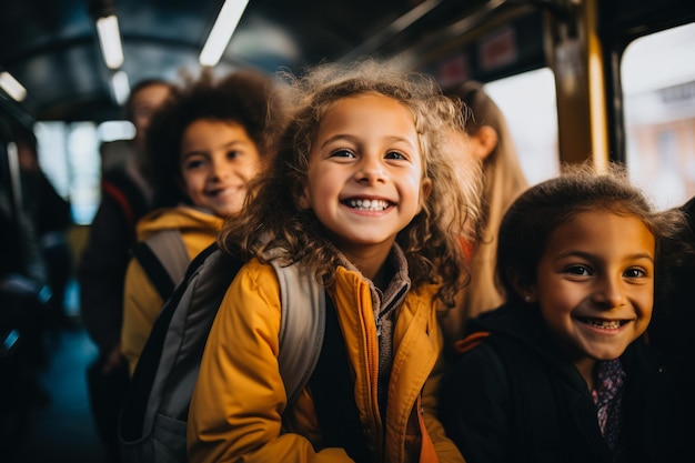 Young students siting in a school bus