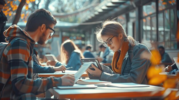 Photo young students studying together at a table outside a building