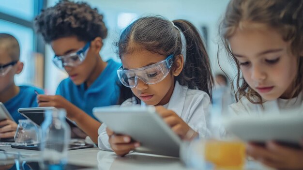 Photo young students using tablets and educational tech tools in a classroom setting exploring science and technology concepts