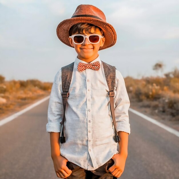 Young stylish boy grinning wearing glasses and a hat in style