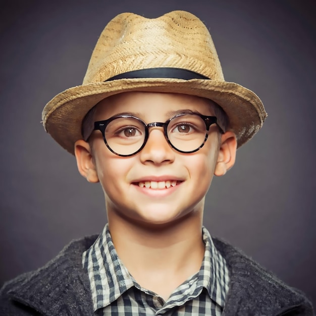 Young stylish boy grinning wearing glasses and a hat in style