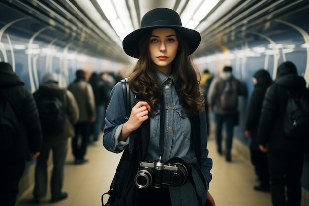 Young stylish female photographer exploring the subway in the city