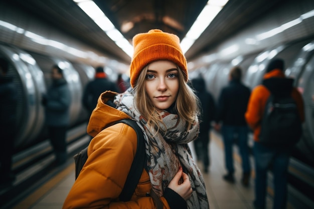 Young stylish female photographer exploring the subway in the city