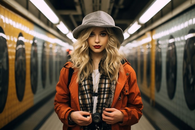 Young stylish female photographer exploring the subway in the city