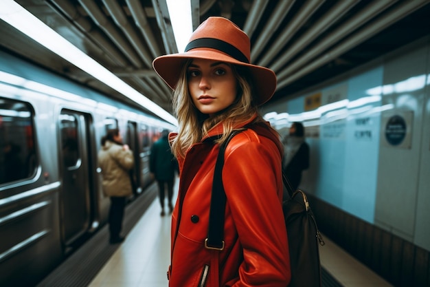 Young stylish female photographer exploring the subway in the city