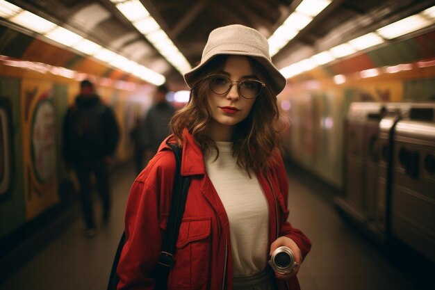 Young stylish female photographer exploring the subway in the city