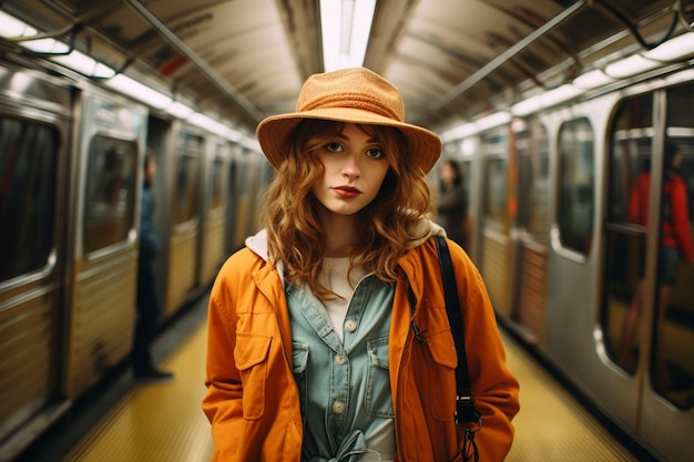 Young stylish female photographer exploring the subway in the city