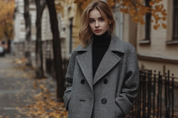 Photo young stylish girl in a gray coat standing in a autumn city