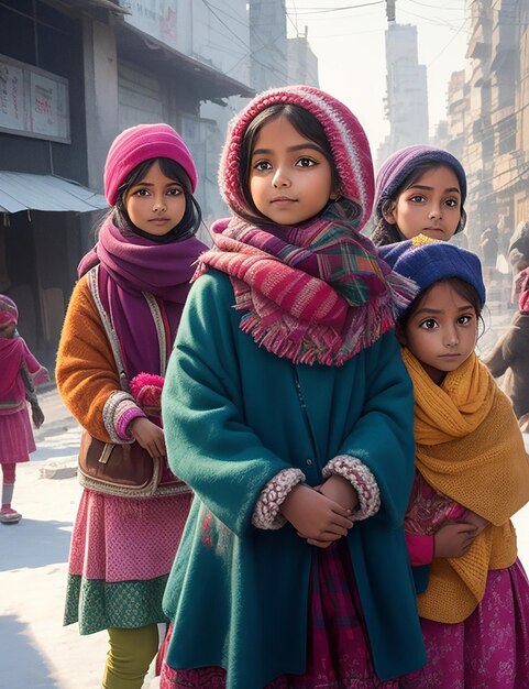 young stylish girls walking in street in winter grey coat winter weather