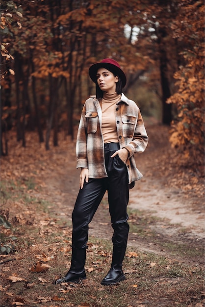 Young stylish woman in a dry autumn forest