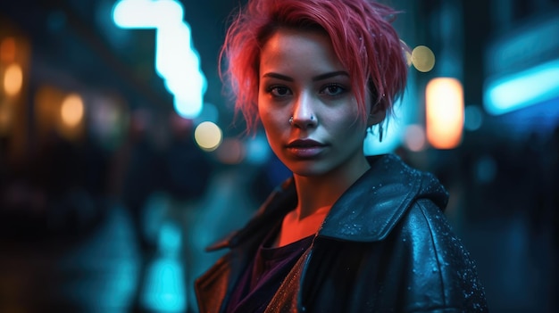 A young and stylished beautiful woman closeup portrait She's walking on the city of cyberpunk