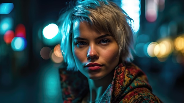 A young and stylished beautiful woman closeup portrait She's walking on the city of cyberpunk