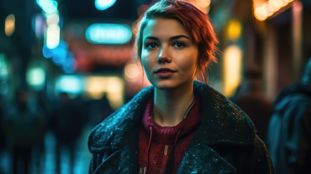 A young and stylished beautiful woman closeup portrait She's walking on the city of cyberpunk