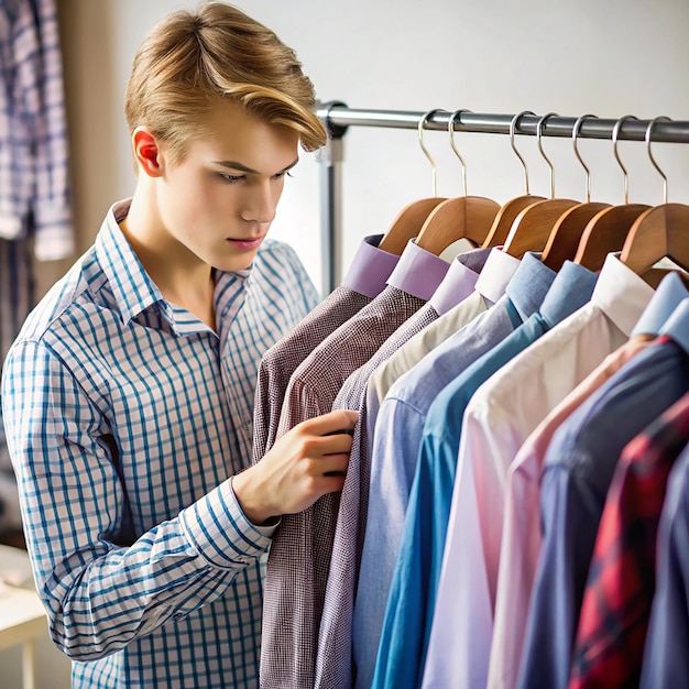 Photo young stylist looking through set of shirts for fashion shooting